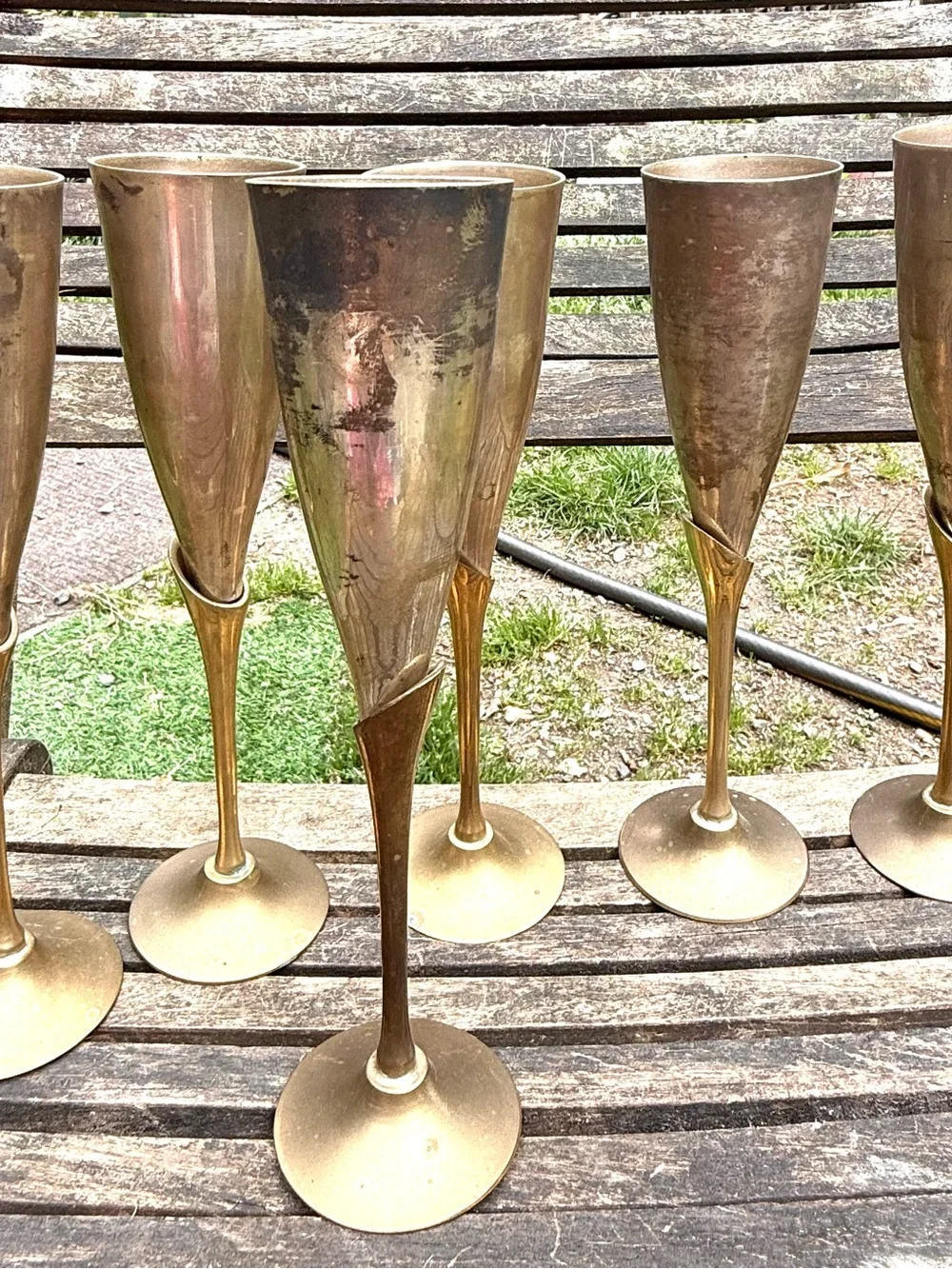 Vintage Six Solid Long Stem Tulip Silver Plate & Brass Champagne Flutes, India